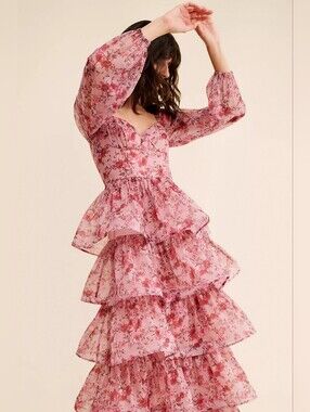 Anthropologie If By Sea Pink Floral Long Sleeve Tiered Maxi Dress